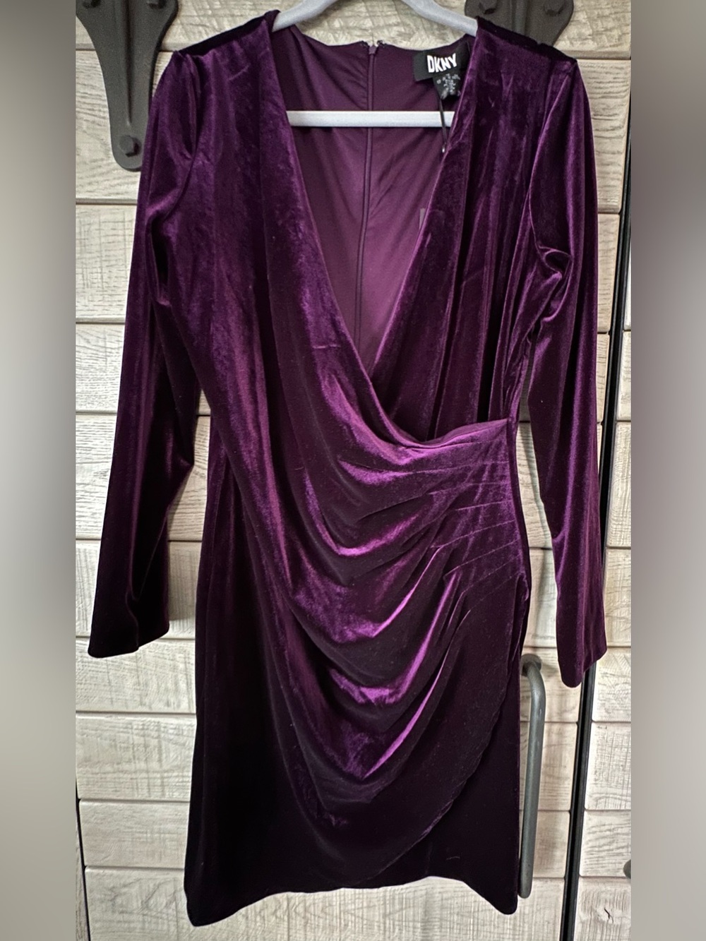 NWT DKNY Deep Purple Velour Draped Long-Sleeve Dress Size 14